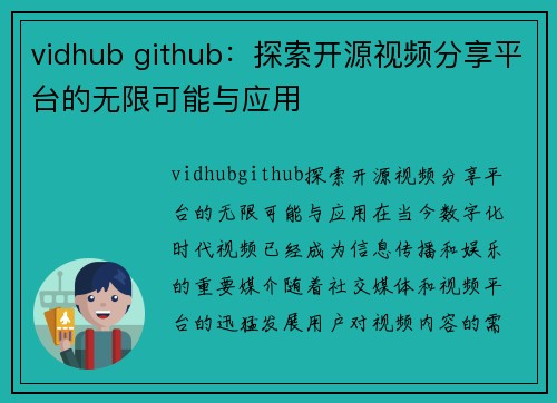 vidhub github：探索开源视频分享平台的无限可能与应用